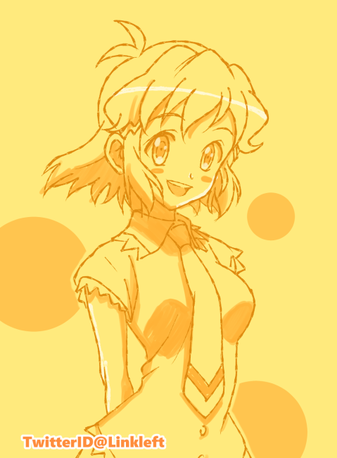 1girl breasts commentary_request hair_ornament hairclip link_(aa30) looking_at_viewer open_mouth senki_zesshou_symphogear short_hair smile solo tachibana_hibiki_(symphogear) yellow_theme