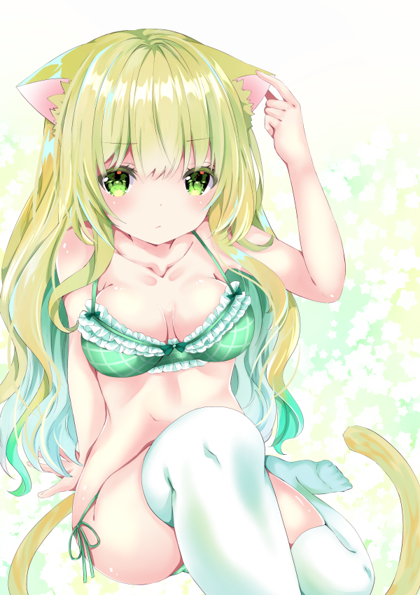 1girl animal_ear_fluff animal_ears arm_support arm_up bangs bare_arms bare_shoulders blush bow bow_bra bra breasts cat_ears cat_girl cat_tail closed_mouth collarbone commentary_request eyebrows_visible_through_hair frilled_bra frills green_bra green_eyes green_hair green_panties hair_between_eyes knee_up long_hair medium_breasts multicolored_hair nanase_nao navel original panties plaid plaid_bra side-tie_panties sitting solo tail thigh-highs two-tone_hair underwear very_long_hair white_legwear