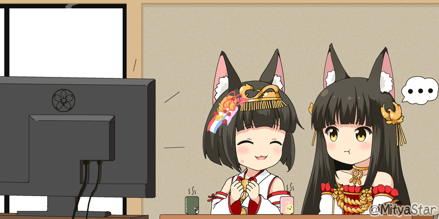 ... 2girls :3 :t ^_^ animal_ear_fluff animal_ears azur_lane bangs bare_shoulders black_hair blush brown_eyes closed_eyes closed_mouth collarbone commentary_request cup detached_sleeves dress eating eyebrows_visible_through_hair flat_screen_tv fox_ears fox_girl fox_tail hair_ornament headpiece japanese_clothes kimono long_hair long_sleeves miicha multiple_girls mutsu_(azur_lane) nagato_(azur_lane) open_mouth pleated_dress red_dress sleeveless sleeveless_kimono spoken_ellipsis strapless strapless_dress sweat tail television twitter_username very_long_hair white_kimono white_sleeves wide_sleeves yunomi