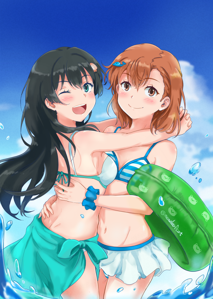 2girls bikini bikini_skirt black_hair blue_scrunchie blue_sky brown_eyes brown_hair clouds cowboy_shot day flower gekota green_eyes green_sarong ha_neko hair_flower hair_ornament hug innertube long_hair misaka_mikoto multiple_girls outdoors sarong saten_ruiko scrunchie short_hair sky striped_bikini_top swimsuit to_aru_kagaku_no_railgun to_aru_majutsu_no_index twitter_username white_bikini wrist_scrunchie