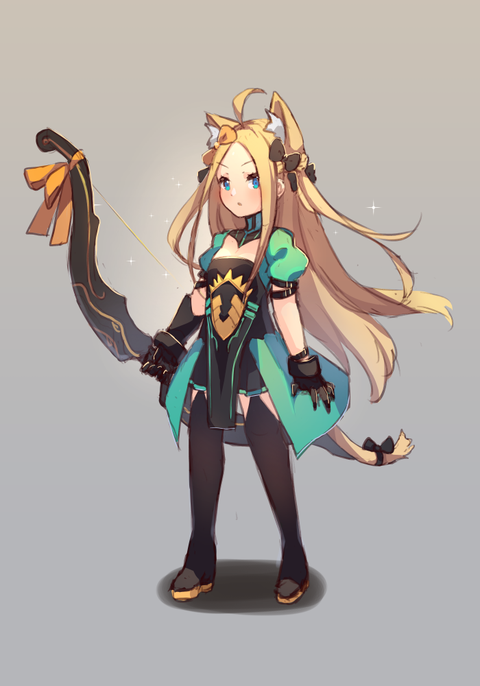 1girl abigail_williams_(fate/grand_order) ahoge animal_ear_fluff animal_ears atalanta_(fate) atalanta_(fate)_(cosplay) bangs black_bow black_dress black_footwear black_gloves black_legwear blonde_hair blue_eyes blush boots bow bow_(weapon) breasts cat_ears cat_girl cat_tail cosplay dress fate/apocrypha fate/grand_order fate_(series) forehead full_body gloves green_dress grey_background hair_bow holding holding_bow_(weapon) holding_weapon juliet_sleeves kemonomimi_mode long_hair long_sleeves looking_at_viewer miya_(pixiv15283026) multiple_bows orange_bow parted_bangs parted_lips puffy_short_sleeves puffy_sleeves shadow short_sleeves small_breasts solo standing tail tail_bow thigh-highs thigh_boots two-tone_dress very_long_hair weapon