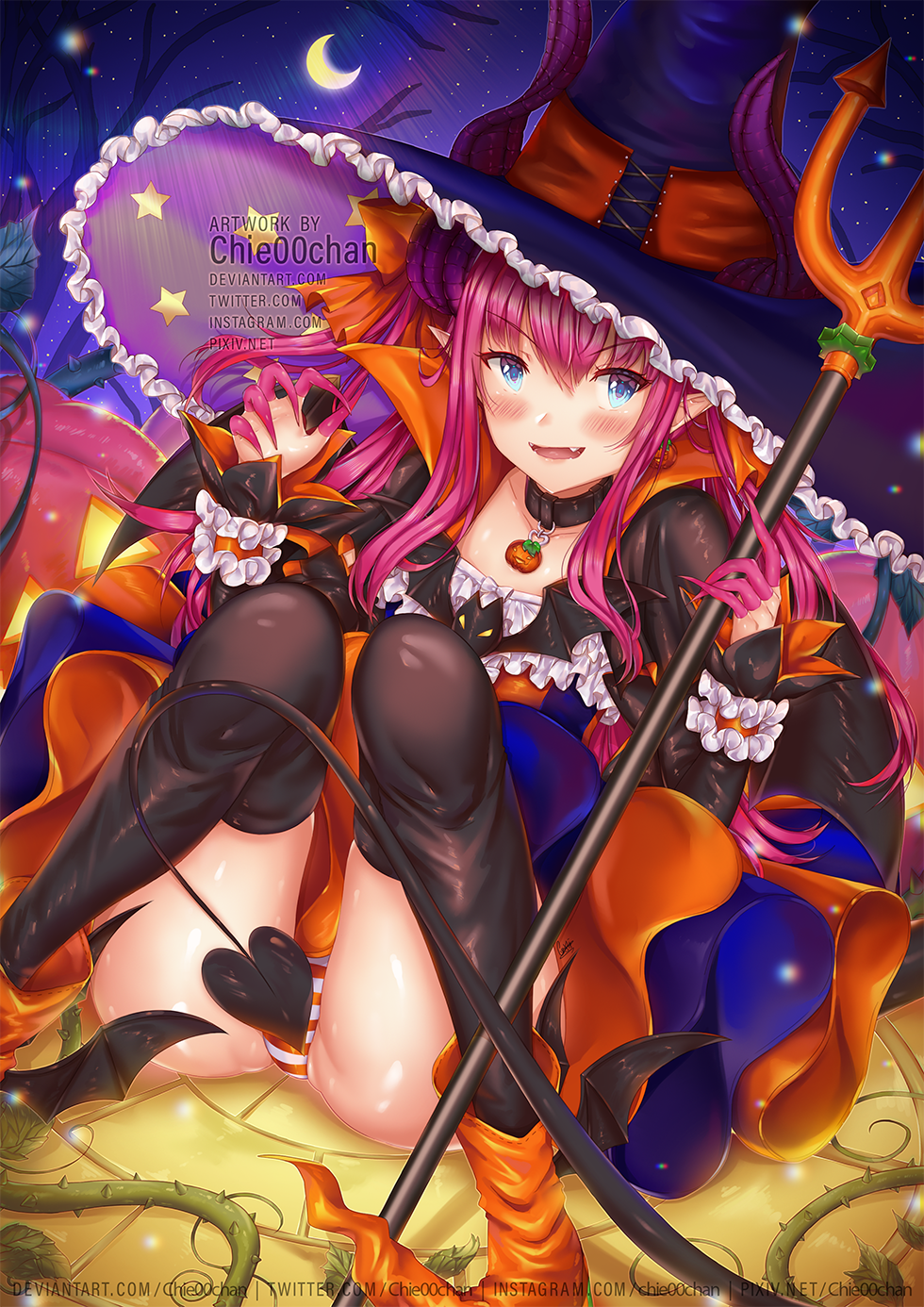 1girl bangs black_legwear blue_eyes blush capelet chie00chan closed_mouth cowboy_shot demon_tail detached_sleeves dress elizabeth_bathory_(fate) elizabeth_bathory_(fate)_(all) elizabeth_bathory_(halloween_caster)_(fate) fangs fate/grand_order fate_(series) hair_between_eyes halloween hat highres horns long_hair looking_at_viewer open_mouth panties purple_hair sidelocks skirt smile solo striped striped_panties tail thigh-highs underwear vertical_stripes witch_hat