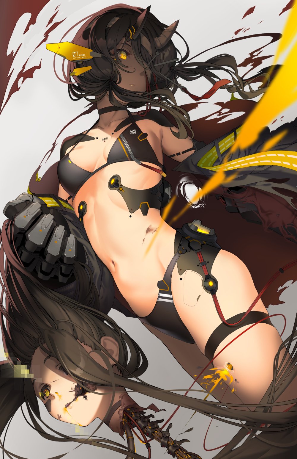 2girls android breasts brown_hair bullet_hole cable choker damaged decapitation expressionless hair_over_one_eye highres horns jacket long_hair mechanical_ears mechanical_horns multiple_girls navel off_shoulder original oversized_forearms oversized_limbs parts_exposed revealing_clothes severed_head small_breasts torn_clothes yellow_eyes zenmaibook