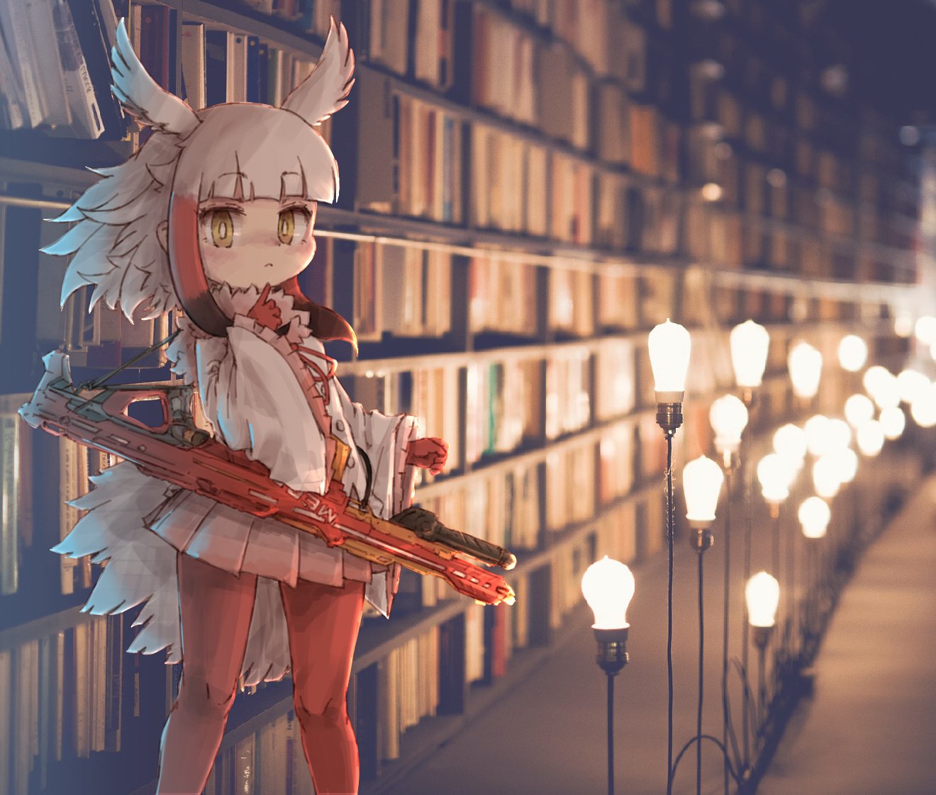 1girl black_hair book bookshelf brown_eyes closed_mouth eyebrows_visible_through_hair head_wings indoors japanese_crested_ibis_(kemono_friends) kemono_friends kolshica library light_bulb long_sleeves looking_at_viewer multicolored_hair pantyhose red_legwear red_skirt redhead short_hair skirt solo white_hair