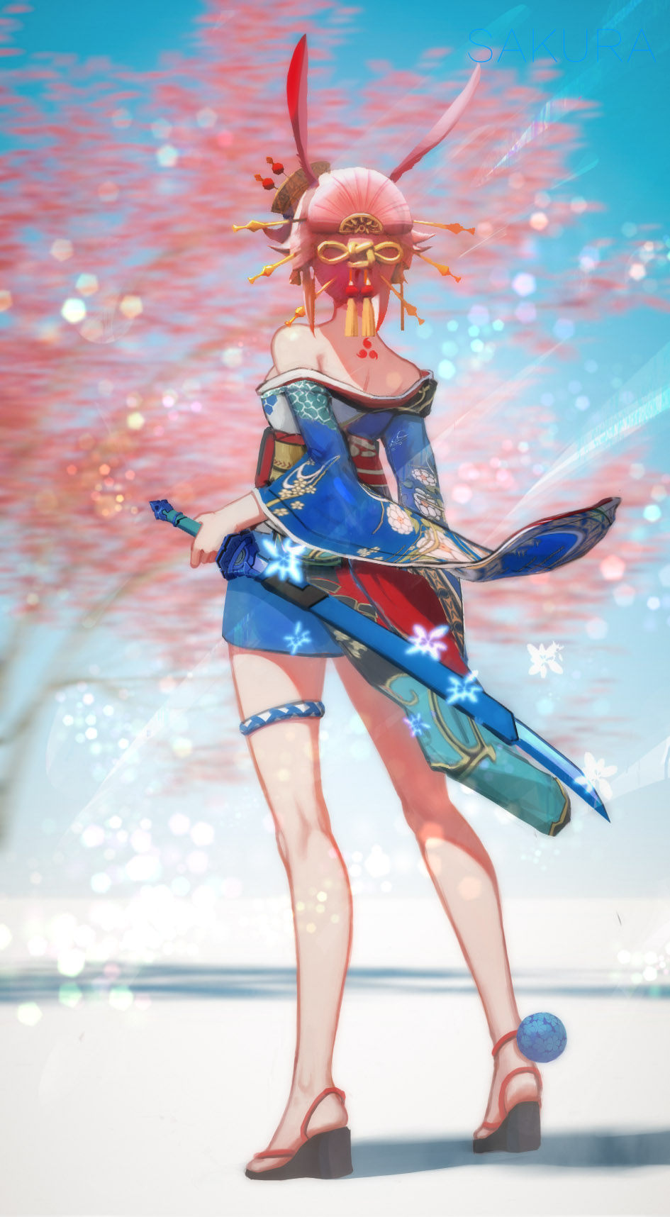 1girl aleihuai_biao animal_ears bare_legs bare_shoulders benghuai_xueyuan black_footwear blue_kimono blurry blurry_background day depth_of_field from_behind full_body hair_ornament hair_stick hand_on_sheath highres honkai_(series) honkai_impact_3rd japanese_clothes kimono legs lens_flare long_sleeves off_shoulder outdoors pink_hair platform_footwear sheath sheathed short_hair short_kimono snowflakes solo standing sword tattoo thigh_strap tree weapon wide_sleeves yae_sakura