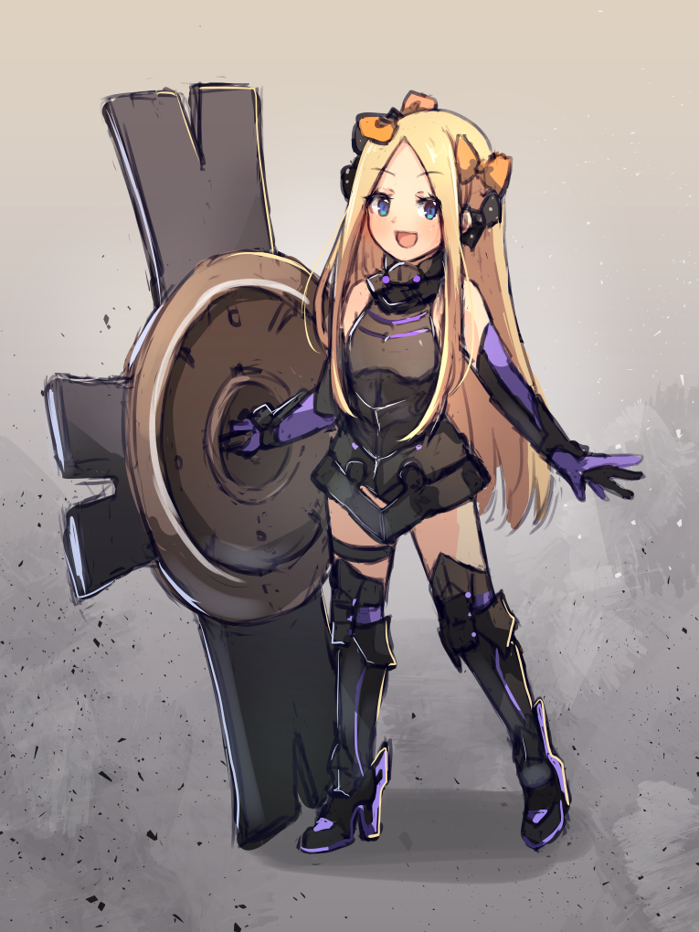 1girl abigail_williams_(fate/grand_order) arm_guards armor armored_dress bangs bare_shoulders black_bow black_leotard blonde_hair blue_eyes blush bow breasts cosplay elbow_gloves fate/grand_order fate_(series) forehead full_body gloves gradient gradient_background greaves hair_bow leotard long_hair looking_at_viewer mash_kyrielight mash_kyrielight_(cosplay) miya_(pixiv15283026) open_mouth orange_bow parted_bangs purple_gloves shield small_breasts smile solo thigh_strap