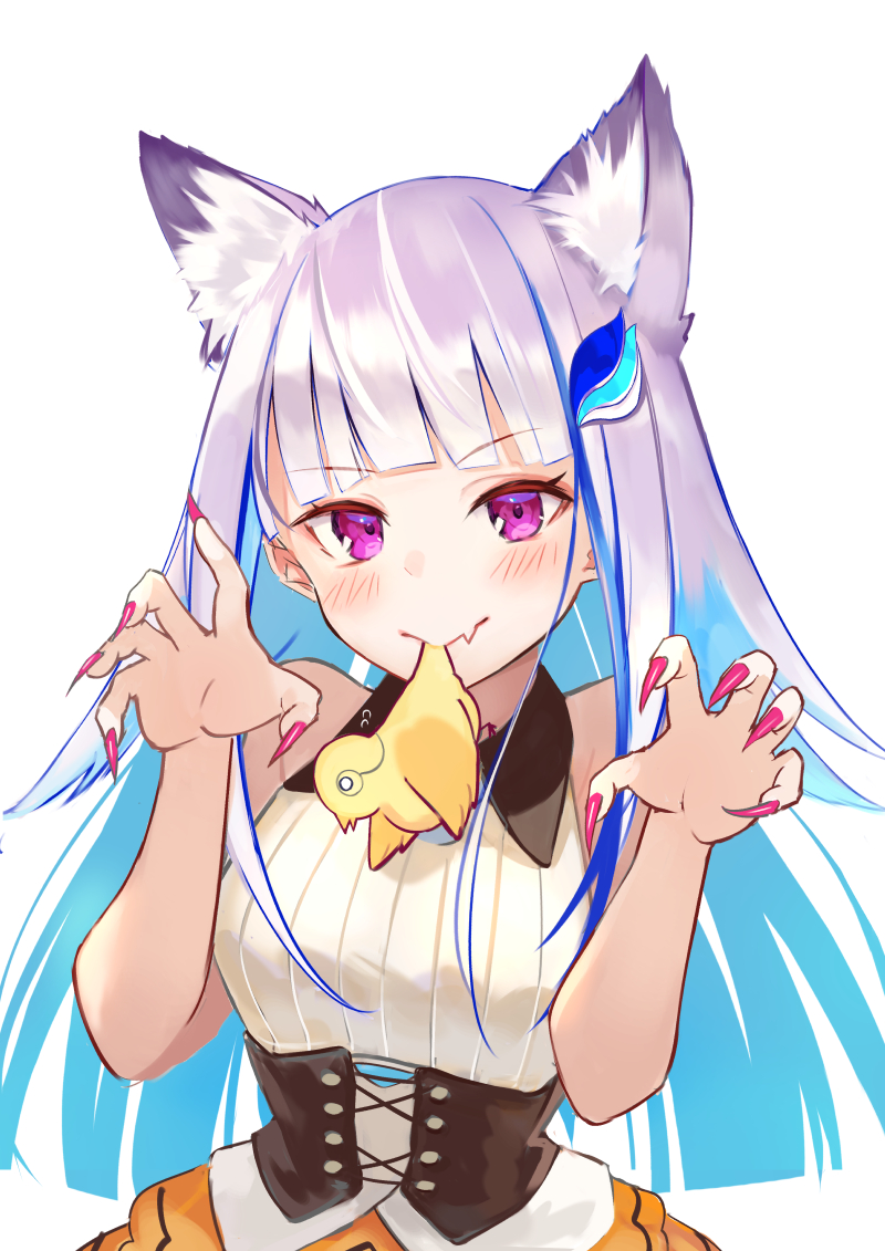 1girl animal animal_ear_fluff animal_ears bare_shoulders bird blue_hair brat breasts claw_pose closed_mouth collared_shirt commentary_request duck fang fang_out fingernails hair_ornament halloween hands_up kemonomimi_mode lize_helesta long_fingernails long_hair mouth_hold multicolored_hair nijisanji orange_skirt purple_nails sebastian_piyodore sharp_fingernails shirt silver_hair simple_background skirt sleeveless sleeveless_shirt small_breasts two-tone_hair underbust very_long_hair violet_eyes white_background white_shirt