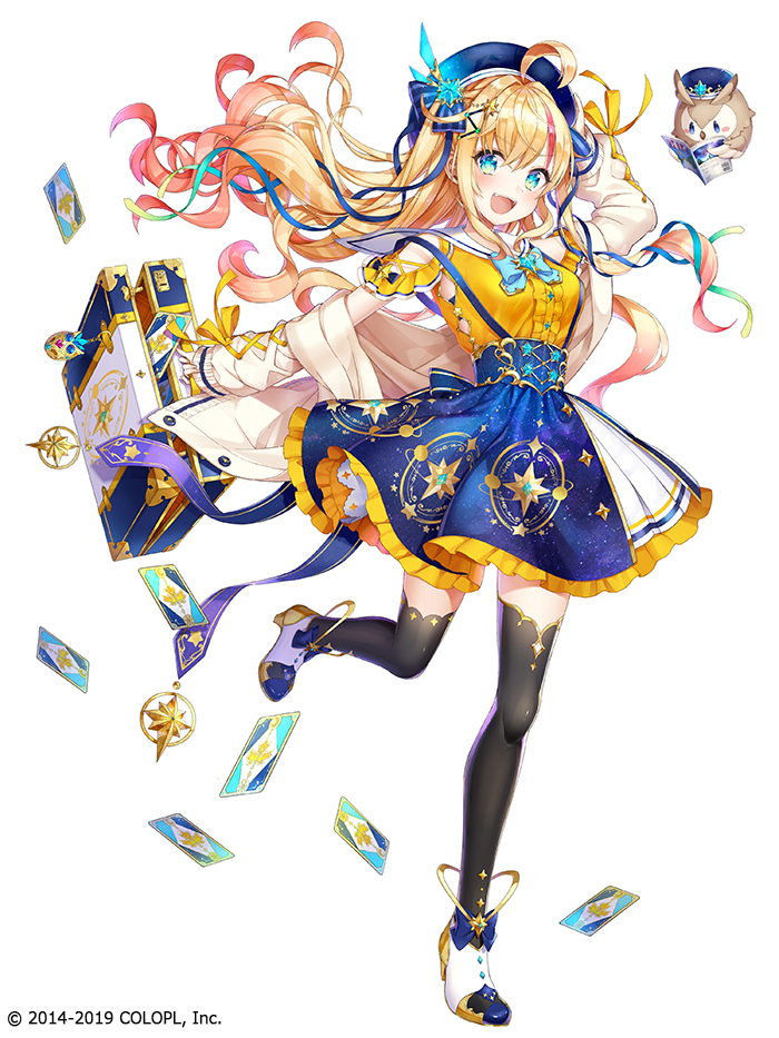 1girl bird black_legwear blonde_hair blue_bow blue_headwear blue_ribbon blue_skirt bow card dated full_body gold_trim gradient_hair hair_ornament hat jacket multicolored_hair official_art owl pink_hair redhead ribbon shiori_(xxxsi) shironeko_project simple_background skirt smile solo standing standing_on_one_leg streaked_hair suitcase thigh-highs white_background white_jacket