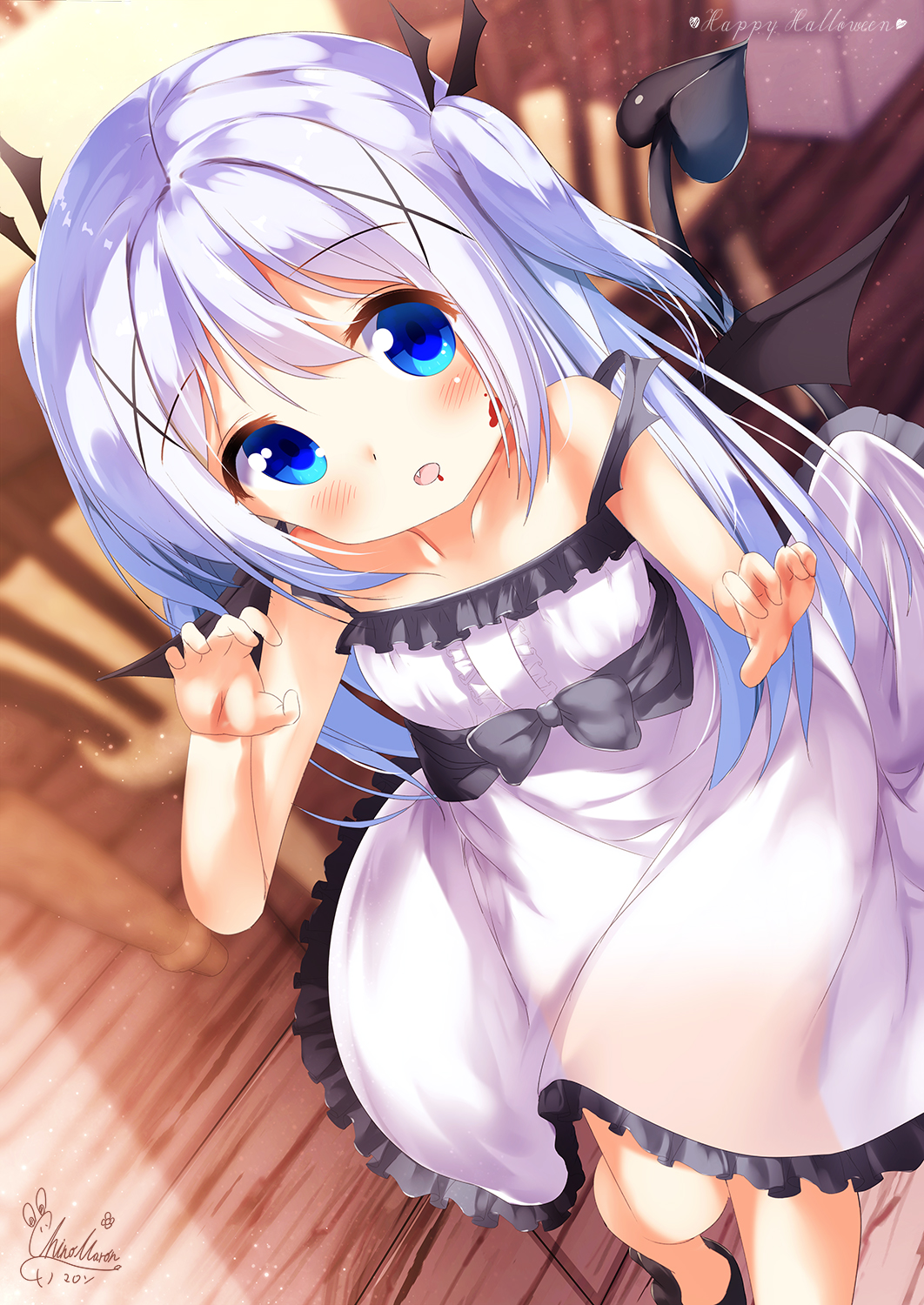 1girl bangs bare_arms bare_shoulders black_bow black_footwear black_wings blood blood_on_face blue_eyes blue_hair blurry blurry_background blush bow breasts center_frills chair chinomaron claw_pose collarbone commentary_request demon_girl demon_tail demon_wings depth_of_field dress dutch_angle eyebrows_visible_through_hair fang frilled_dress frills gochuumon_wa_usagi_desu_ka? hair_between_eyes hair_ornament hands_up happy_halloween highres indoors kafuu_chino long_hair open_mouth shoes signature sleeveless sleeveless_dress small_breasts solo standing strap_slip table tail two_side_up very_long_hair white_dress wing_hair_ornament wings wooden_floor x_hair_ornament