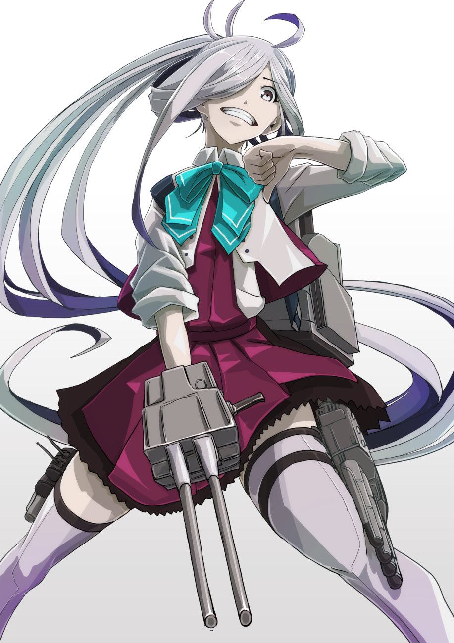 1girl ahoge asashimo_(kantai_collection) boushi-ya dress from_below gradient_hair grey_eyes grey_hair hair_over_one_eye halterneck highres holding_turret kantai_collection long_hair looking_at_viewer looking_down multicolored_hair ponytail purple_dress purple_legwear remodel_(kantai_collection) school_uniform silver_hair simple_background sleeves_rolled_up solo thigh-highs white_background