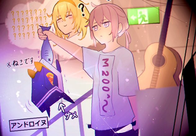 ? alternate_costume amirun animal_ears blonde_hair closed_eyes commentary_request dinergate_(girls_frontline) exit_sign fake_animal_ears fish girls_frontline grey_hair guitar instrument knife m200_(girls_frontline) s.a.t.8_(girls_frontline) shirt speech_bubble stairs t-shirt translation_request
