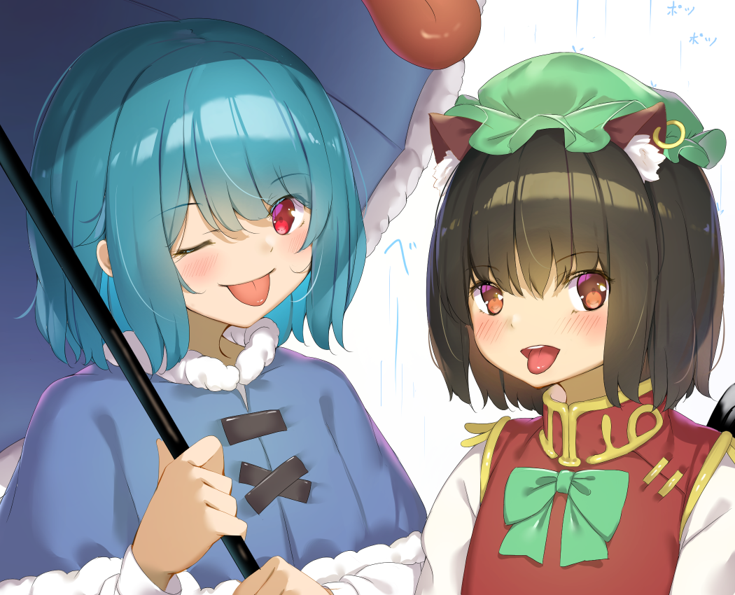 2girls ;p animal_ear_fluff animal_ears blue_capelet blue_hair blush bow bowtie brown_hair capelet cat_ears cat_tail chen eyebrows_visible_through_hair fur-trimmed_capelet fur_trim green_headwear hair_between_eyes hat holding holding_umbrella jewelry karakasa_obake long_sleeves looking_at_viewer mob_cap multiple_girls multiple_tails one_eye_closed open_mouth piyodesu red_eyes red_vest shirt short_hair side-by-side single_earring tail tatara_kogasa tongue tongue_out touhou umbrella vest white_shirt