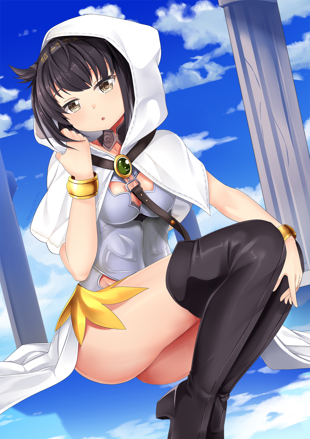 1girl bangle black_footwear blue_sky boots bracelet brown_hair capelet clothes_writing clouds column cosplay day fate/grand_order fate_(series) hachimaki hair_flaps hatsuzuki_(kantai_collection) headband highres hood hood_up hooded_capelet jewelry kantai_collection ortlinde_(fate/grand_order) ortlinde_(fate/grand_order)_(cosplay) pillar short_hair sky solo thigh-highs thigh_boots valkyrie_(fate/grand_order) white_capelet yasume_yukito yellow_eyes