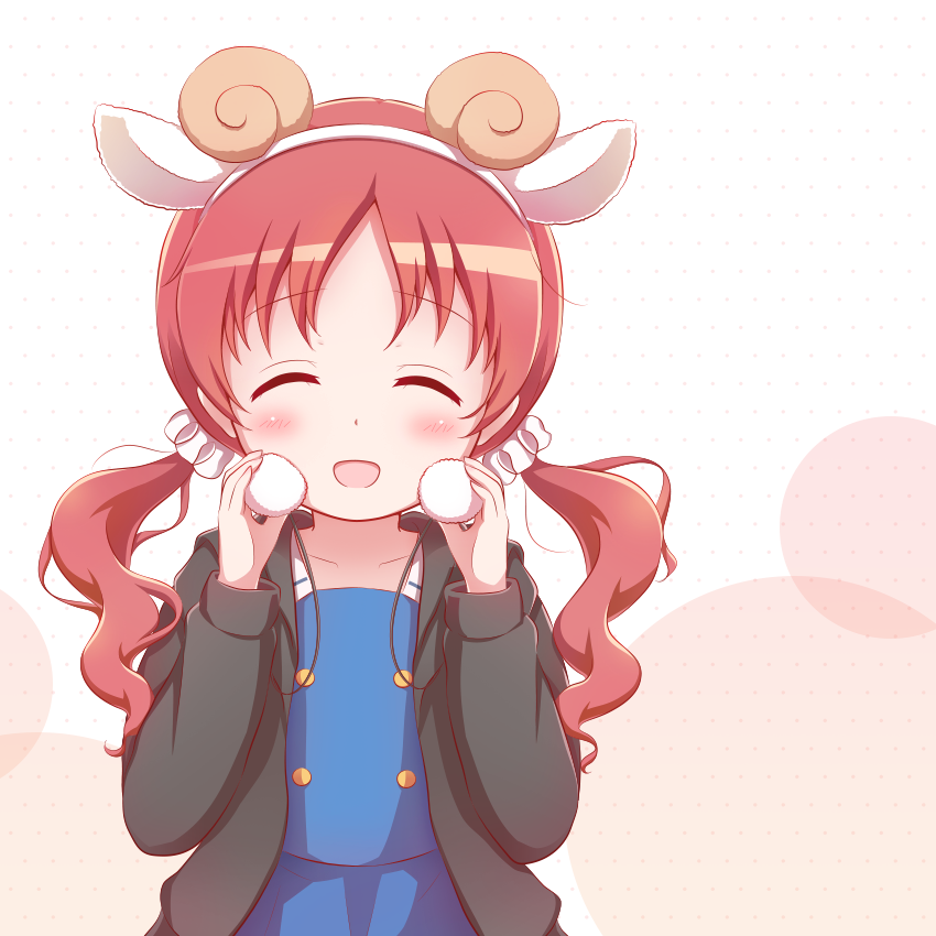 1girl :d ^_^ animal_ears bangs black_jacket blue_sky blue_vest blush closed_eyes collarbone curled_horns eyebrows_visible_through_hair facing_viewer fake_animal_ears fake_horns gochuumon_wa_usagi_desu_ka? goth_risuto hair_ornament hair_scrunchie hairband hands_up holding hood hood_down hooded_jacket jacket kafuu_chino's_school_uniform long_hair long_sleeves natsu_megumi open_clothes open_jacket open_mouth polka_dot polka_dot_background pom_pom_(clothes) redhead school_uniform scrunchie sky smile solo twintails upper_body vest white_background white_hairband white_scrunchie