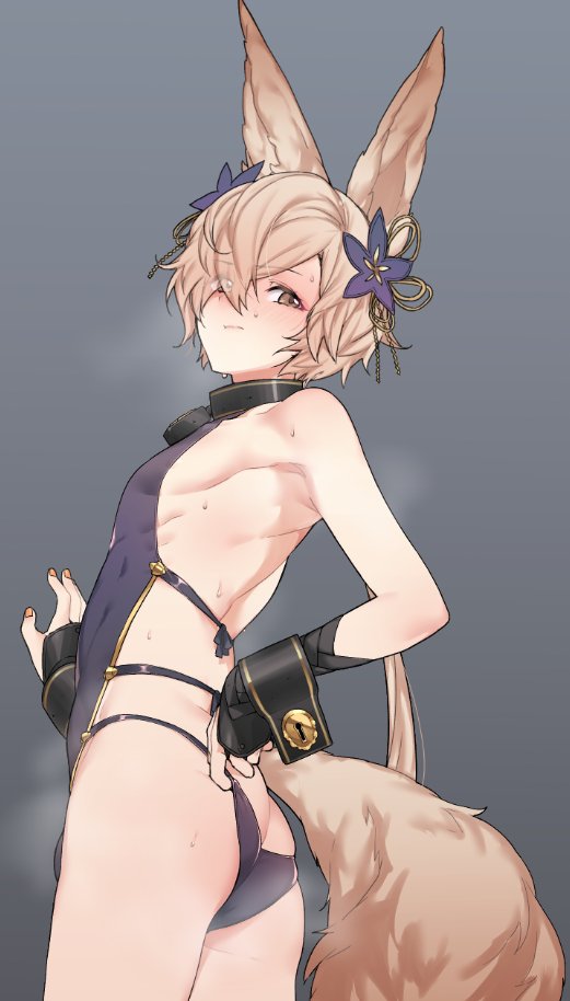 animal_ears ass backless_outfit bare_back blush choker erune fingerless_gloves fox_boy fox_ears fox_tail gloves granblue_fantasy hair_over_one_eye k52 kou_(granblue_fantasy) large_tail looking_back male_focus sideless_outfit tail