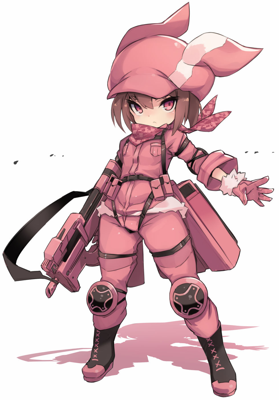 1girl animal_ears animal_hat bangs black_footwear blush boots brown_hair bullpup bunny_hat closed_mouth colored_shadow commentary_request fake_animal_ears full_body fur-trimmed_gloves fur_trim gloves gun hair_between_eyes hat highres holding holding_gun holding_weapon jacket karukan_(monjya) llenn_(sao) long_sleeves looking_at_viewer p-chan_(p-90) p90 pants pink_bandana pink_gloves pink_headwear pink_jacket pink_pants rabbit_ears red_eyes revision shadow solo standing submachine_gun sword_art_online sword_art_online_alternative:_gun_gale_online weapon white_background