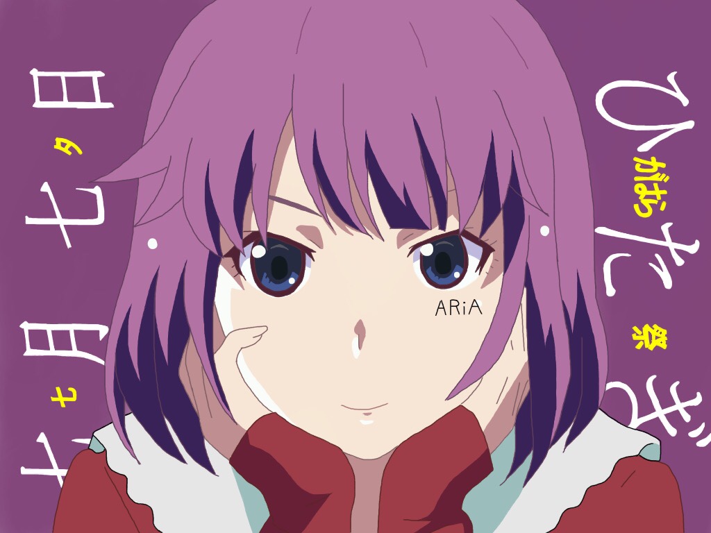 1girl ariasinobu artist_name bakemonogatari bangs blue_eyes character_name closed_mouth commentary_request holding_head long_sleeves looking_at_viewer monogatari_(series) portrait purple_background purple_hair red_shirt senjougahara_hitagi shadow shirt short_hair sidelocks signature simple_background sleeves_past_wrists smile solo translation_request