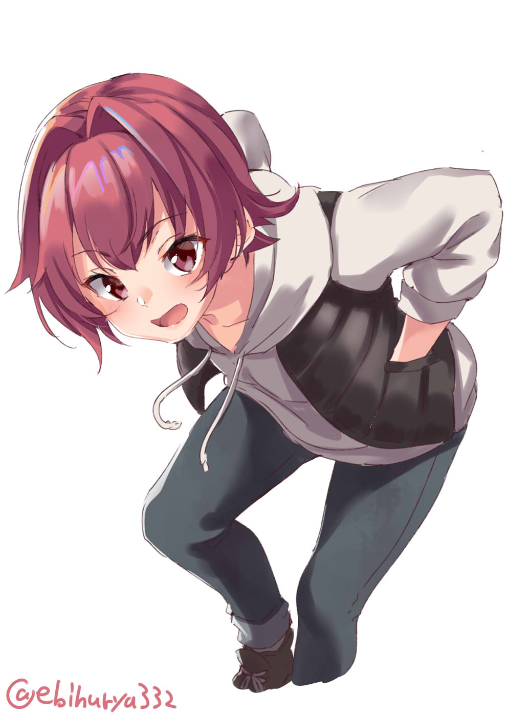 1girl :d black_pants casual ebifurya hair_between_eyes hands_in_pockets highres hood hood_down hooded_track_jacket jacket kantai_collection kinu_(kantai_collection) leaning_forward long_sleeves looking_at_viewer open_mouth pants red_eyes redhead short_hair smile solo track_jacket twitter_username white_background white_jacket