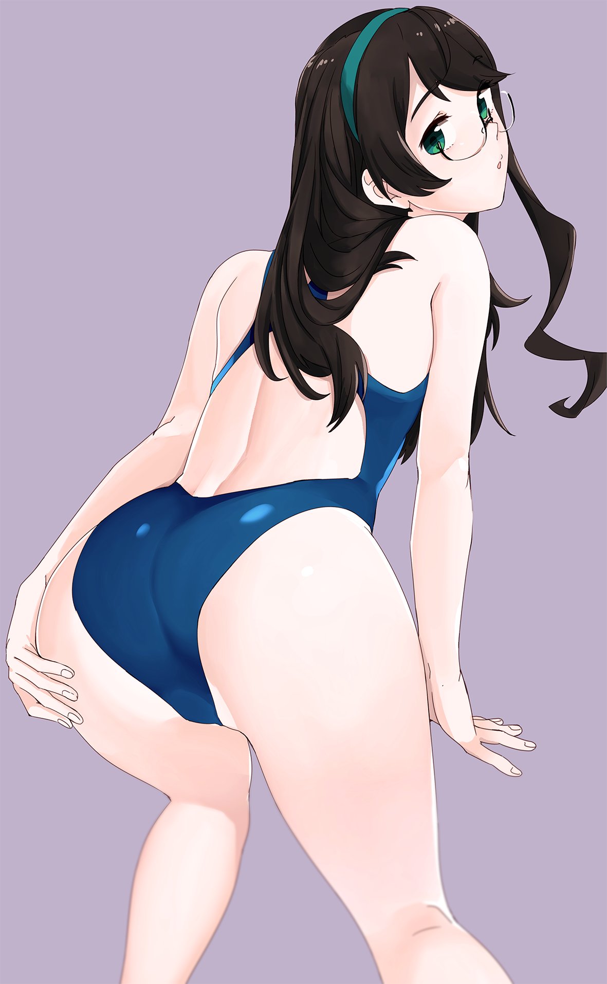 1girl ass back black_hair competition_swimsuit from_behind glasses green_eyes green_hairband hairband highres kantai_collection kneepits long_hair looking_at_viewer looking_back ojipon one-piece_swimsuit ooyodo_(kantai_collection) purple_background simple_background solo swimsuit