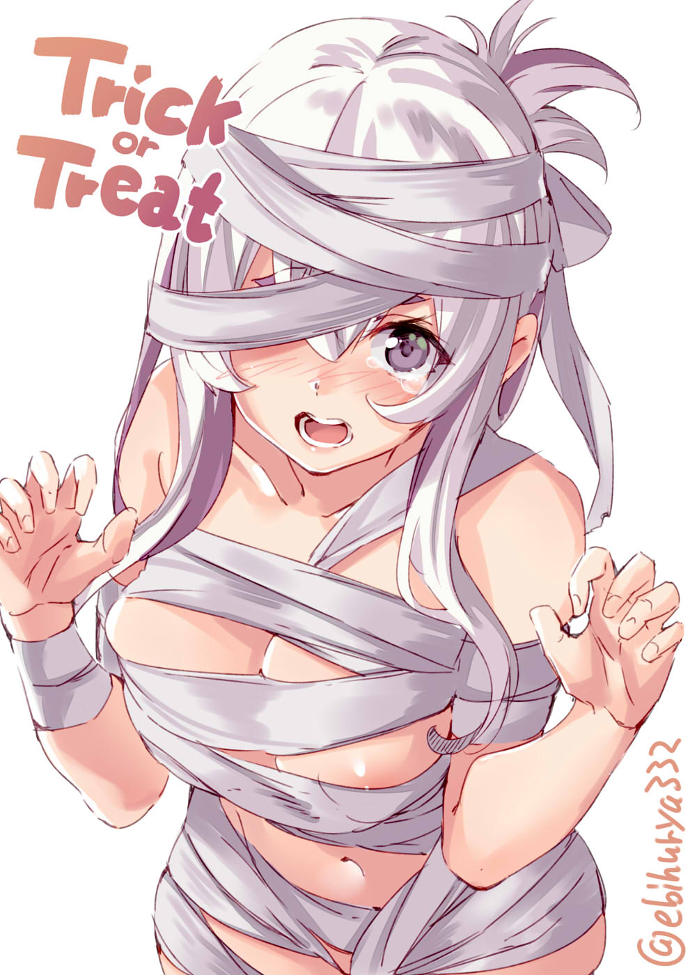 1girl bdsm blue_eyes blush bondage bound breasts ebifurya halloween_costume highres kamoi_(kantai_collection) kantai_collection large_breasts long_hair looking_at_viewer mummy_costume open_mouth simple_background solo trick_or_treat twitter_username white_background white_hair