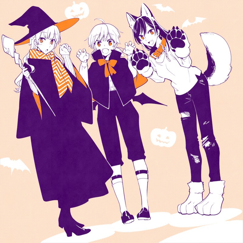 3girls :o ahoge animal_ears bat_wings bow cane collar fang halloween halloween_costume hat koito_yuu multiple_girls nakatani_nio nanami_touko paw_pose paws pumpkin saeki_sayaka scarf tail vampire werewolf wings witch witch_hat yagate_kimi_ni_naru