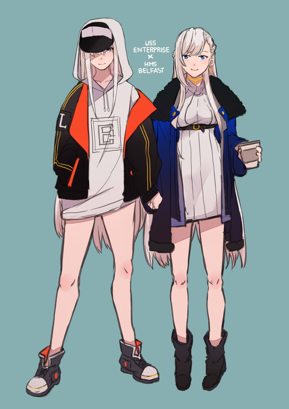 2girls azur_lane bare_legs baseball_cap belfast_(azur_lane) black_headwear black_jacket blue_coat blue_eyes boots casual coffee_cup collar cup disposable_cup dress earrings english_text enterprise_(azur_lane) full_body fur_trim gradient_clothes hair_over_one_eye hands_in_pockets hat highres holding_hands hood hood_up hoodie_dress jacket jewelry long_hair looking_at_viewer multiple_girls ribbed_sweater shoes silver_hair sleeves_past_wrists smile sneakers standing sweater sweater_dress u_nagidon very_long_hair violet_eyes white_headwear