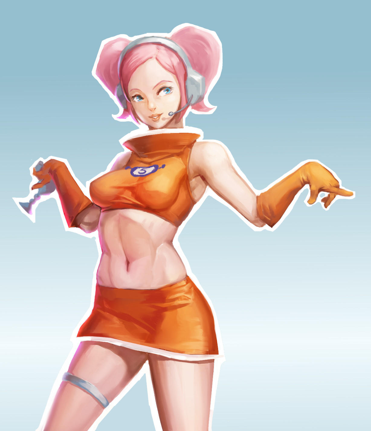 1girl bangs blue_background blue_eyes breasts crop_top cypressdahlia elbow_gloves energy_gun forehead gloves headphones headset highres impossible_clothes impossible_shirt lips looking_to_the_side medium_breasts medium_hair miniskirt navel nose orange_gloves orange_skirt outline pencil_skirt pink_hair pose ray_gun shirt skirt sleeveless solo space_channel_5 stomach swept_bangs thigh_strap two_side_up ulala w_arms weapon