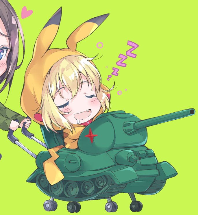 2girls bangs black_hair blonde_hair blue_eyes blush chibi chibi_inset closed_eyes commentary eyebrows_visible_through_hair fang girls_und_panzer green_background ground_vehicle heart katyusha looking_at_another military military_vehicle motor_vehicle multiple_girls nonna open_mouth pikachu pikachu_costume pokemon pulp_piroshi saliva short_hair simple_background sleeping smile stroller t-34 tank zzz