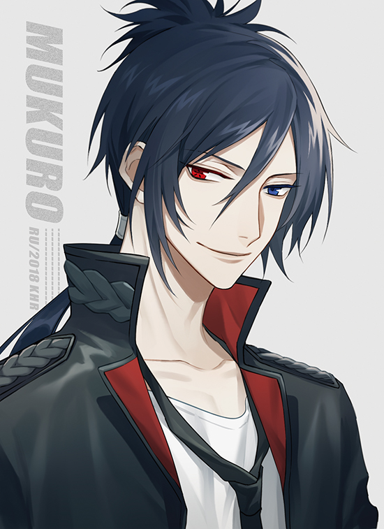 1boy 954740837 black_neckwear blue_eyes blue_hair character_name closed_mouth collarbone epaulettes grey_background heterochromia high_collar katekyo_hitman_reborn looking_at_viewer low_ponytail male_focus necktie red_eyes rokudou_mukuro shirt simple_background smile solo upper_body white_shirt