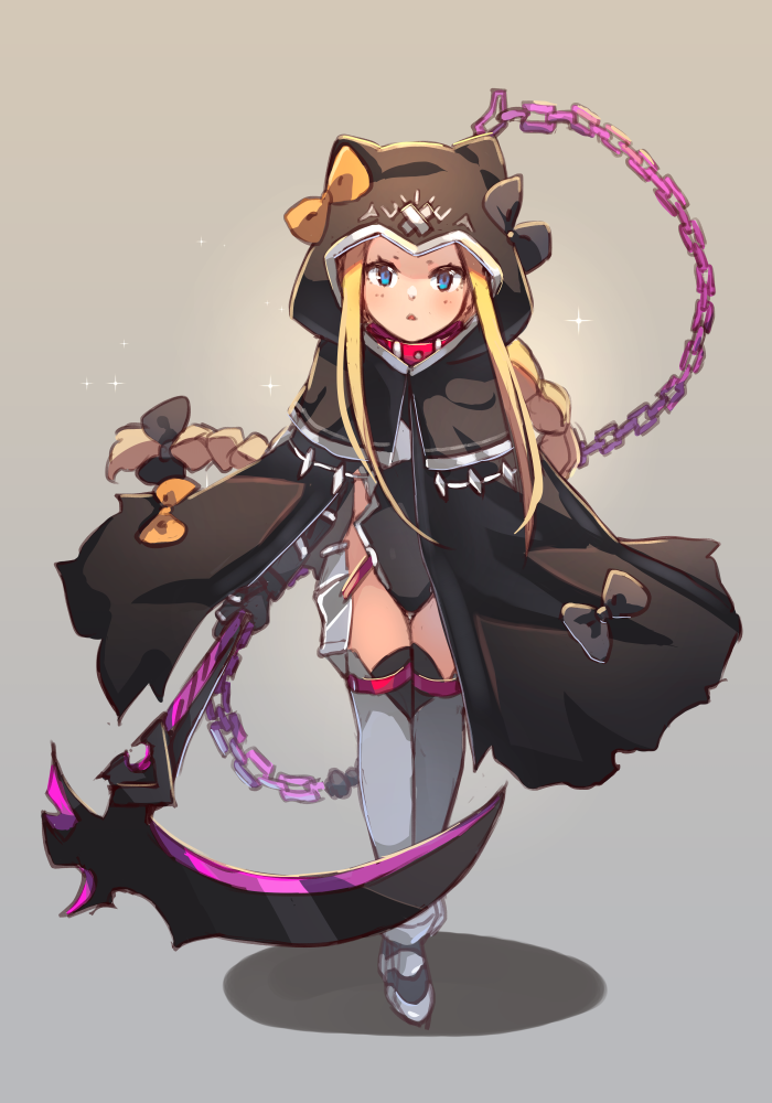 1girl abigail_williams_(fate/grand_order) armored_boots bangs belt_collar black_bow black_capelet black_cloak black_leotard blonde_hair blue_eyes blush boots bow braid breasts capelet chain cloak closed_mouth collar cosplay fate/grand_order fate_(series) forehead full_body grey_background hair_bow holding holding_scythe hood hood_up hooded_capelet hooded_cloak leotard long_hair looking_at_viewer medusa_(lancer)_(fate) medusa_(lancer)_(fate)_(cosplay) miya_(pixiv15283026) multiple_bows orange_bow parted_bangs parted_lips rider scythe shadow sidelocks single_braid small_breasts solo very_long_hair