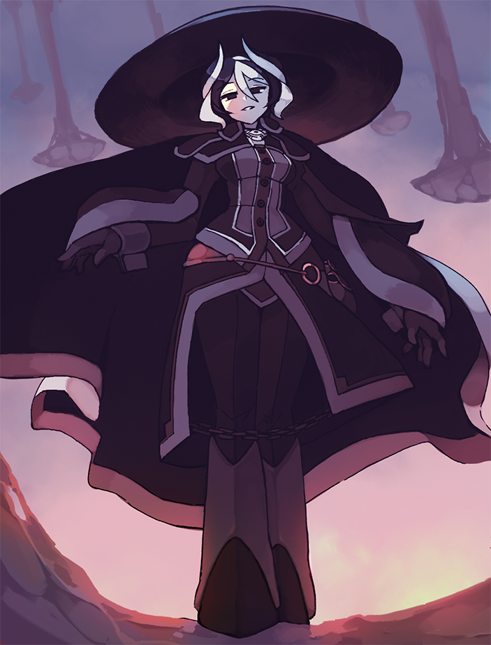 1girl black_cape black_coat black_hair blurry blurry_background cape english_commentary from_below full_body hat looking_at_viewer looking_down made_in_abyss multicolored_hair ozen parted_lips rtil short_hair solo standing two-tone_hair whistle white_hair