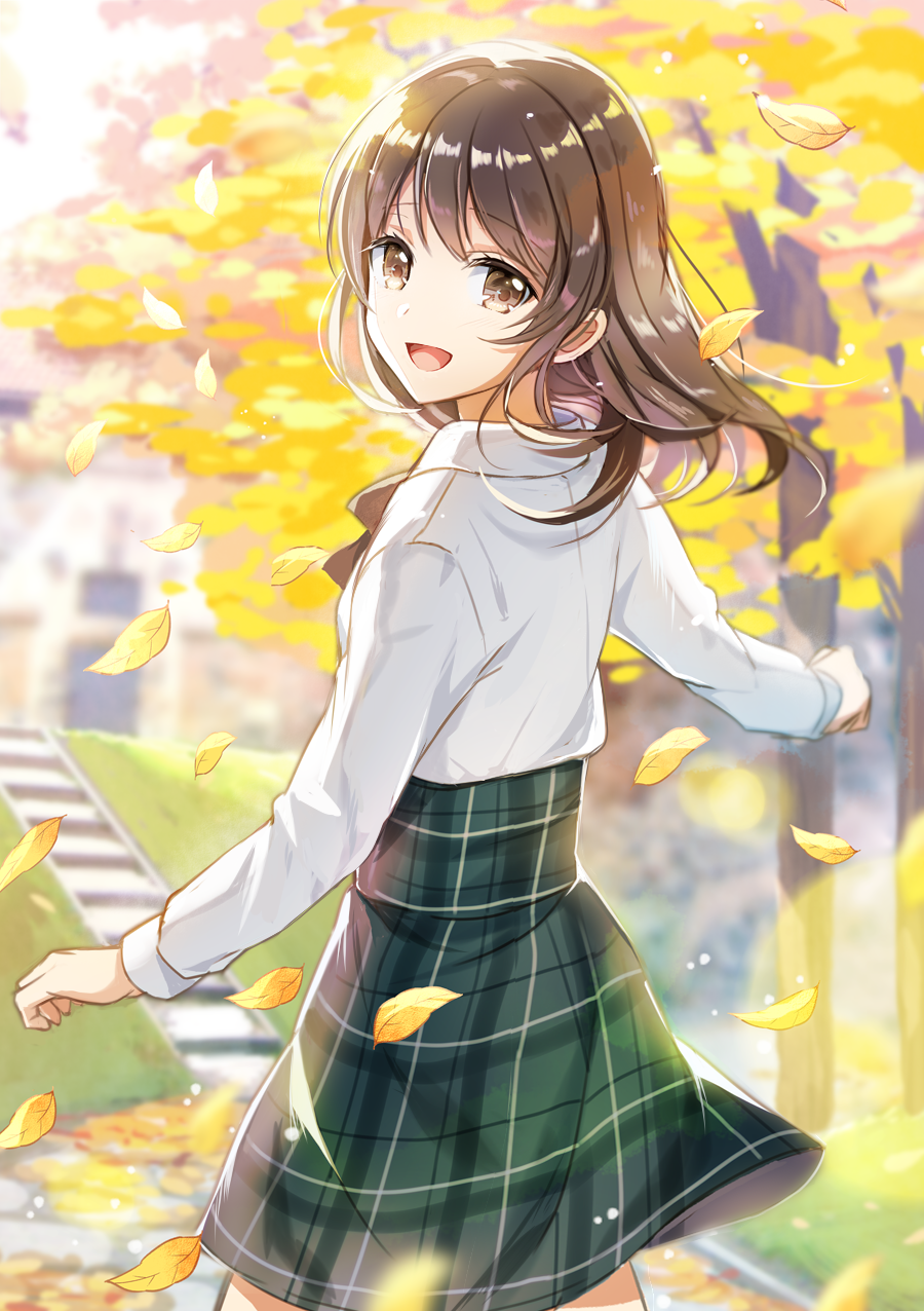 1girl :d autumn_leaves bangs blurry blurry_background blush brown_eyes brown_hair collared_shirt commentary day depth_of_field eyebrows_visible_through_hair grass green_skirt hair_between_eyes high-waist_skirt highres leaf long_hair long_sleeves looking_at_viewer looking_back mono_lith open_mouth original outdoors plaid plaid_skirt revision school_uniform shirt skirt smile solo stairs standing stone_stairs tree white_shirt