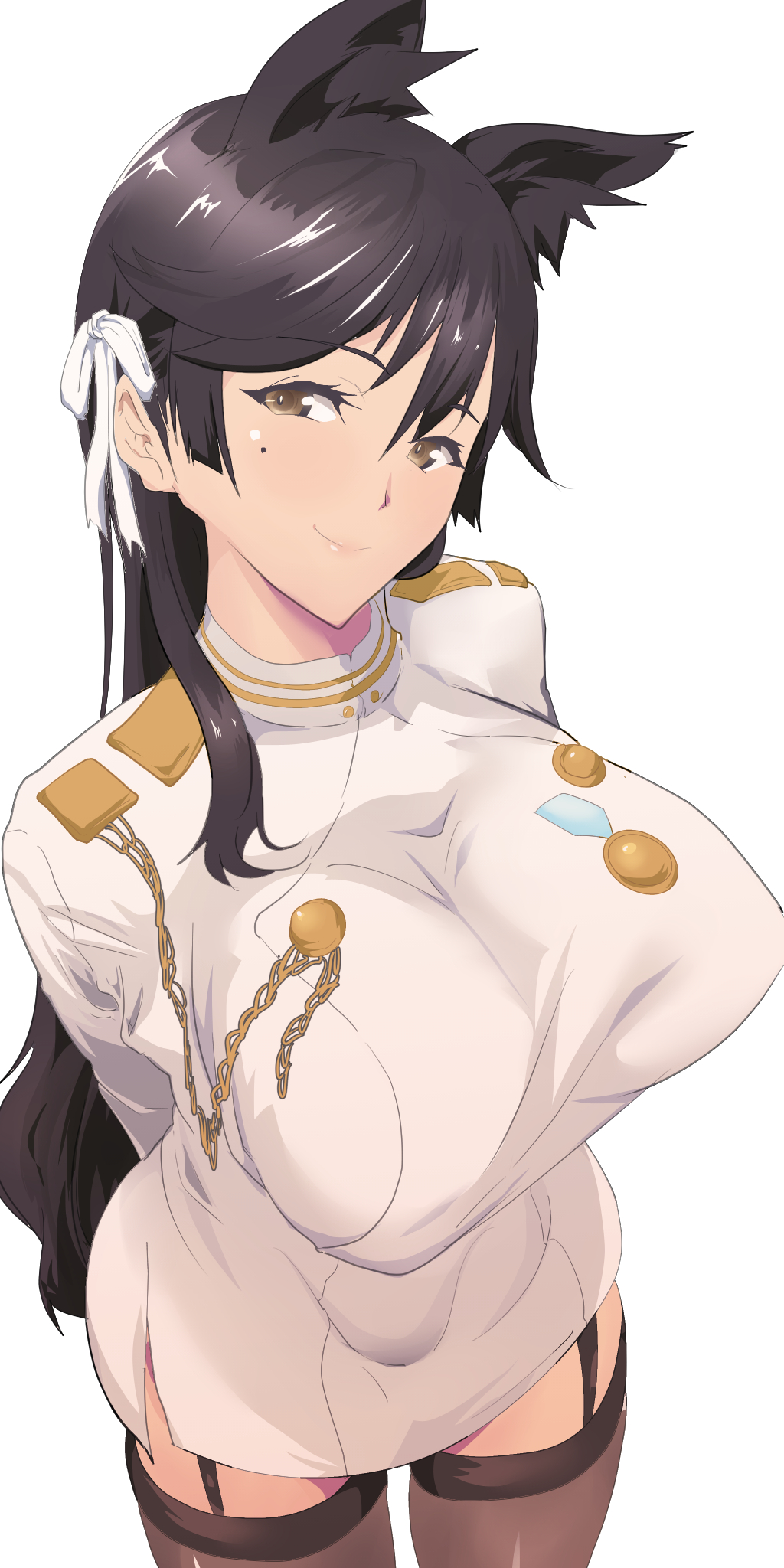 1girl aiguillette animal_ears arms_behind_back atago_(azur_lane) azur_lane bangs black_hair black_legwear blush breasts brown_eyes closed_mouth dress garter_straps hair_ribbon head_tilt highres kiiro_no_nantoka large_breasts long_hair long_sleeves looking_at_viewer military military_uniform mole mole_under_eye naval_uniform ribbon side_slit simple_background smile solo thigh-highs uniform white_background white_dress white_ribbon