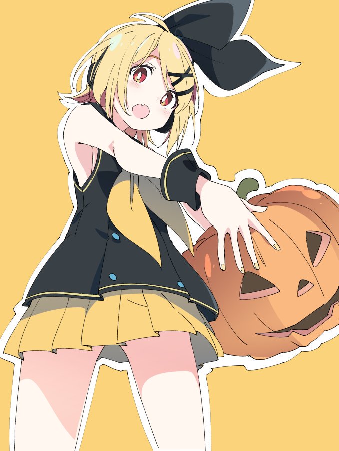 1girl black_hairband blonde_hair blush fang hair_ornament hairband halloween holding_pumpkin ixy jack-o'-lantern kagamine_rin looking_at_viewer open_mouth pleated_skirt pumpkin red_eyes short_hair simple_background skirt sleeveless solo standing vocaloid x_hair_ornament yellow_background yellow_skirt