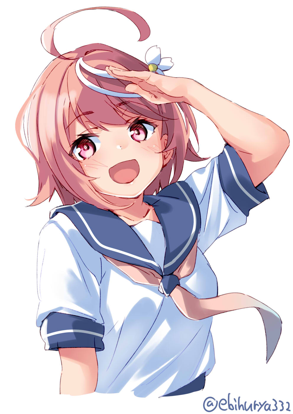 1girl :d blush cropped_torso ebifurya eyebrows_visible_through_hair flower hair_flower hair_ornament highres i-58_(kantai_collection) kantai_collection looking_at_viewer neckerchief open_mouth pink_eyes pink_hair school_uniform serafuku short_hair simple_background smile solo twitter_username upper_body white_background