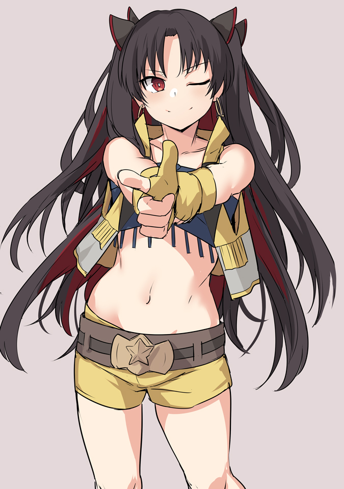 1girl bangs black_hair breasts commentary_request earrings fate/grand_order fate_(series) hair_ribbon hoop_earrings ishtar_(fate/grand_order) jewelry long_hair looking_at_viewer medium_breasts navel one_eye_closed parted_bangs pointing pointing_at_viewer red_eyes ribbon shiseki_hirame simple_background smile solo space_ishtar_(fate) two_side_up