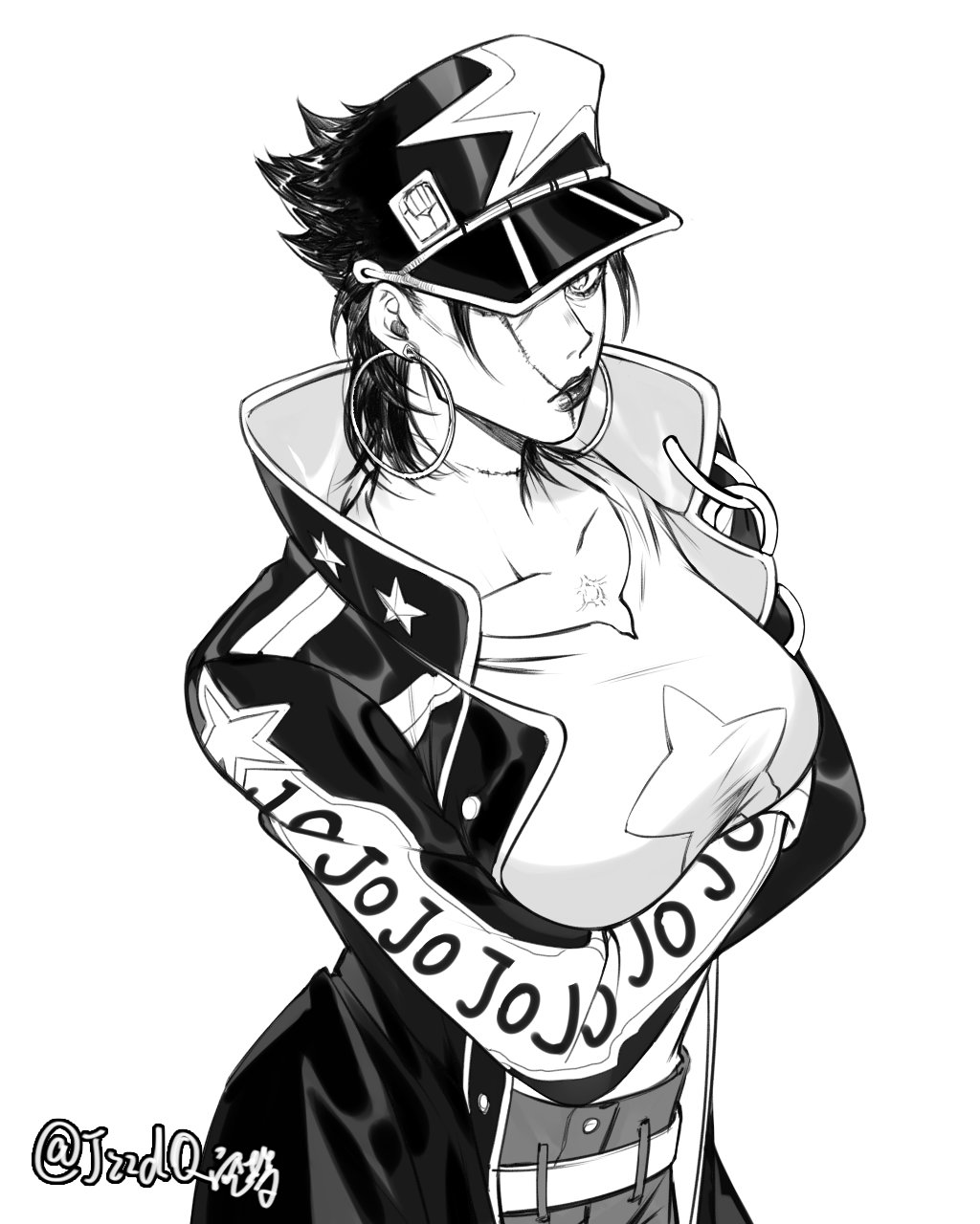 1girl black_hair breasts crossed_arms earrings genderswap genderswap_(mtf) greyscale hat highres hoop_earrings jewelry jojo_no_kimyou_na_bouken km_(kmmzdq) kuujou_joutarou lips long_coat looking_at_viewer monochrome scar school_uniform shirt simple_background solo stone_ocean white_background