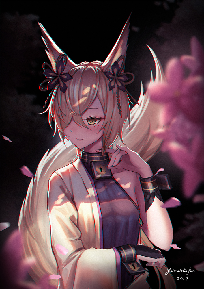 1girl 2019 animal_ears bangs bare_shoulders black_background black_shirt blurry blurry_foreground blush breasts character_request closed_mouth collarbone commentary_request depth_of_field eyebrows_behind_hair flower fox_ears fox_girl fox_tail granblue_fantasy hair_ornament hair_over_one_eye jacket keyhole kou_(granblue_fantasy) light_brown_hair long_sleeves looking_away looking_to_the_side petals pink_flower shirt signature sleeveless sleeveless_shirt small_breasts smile solo tail upper_body white_jacket wide_sleeves yurichtofen