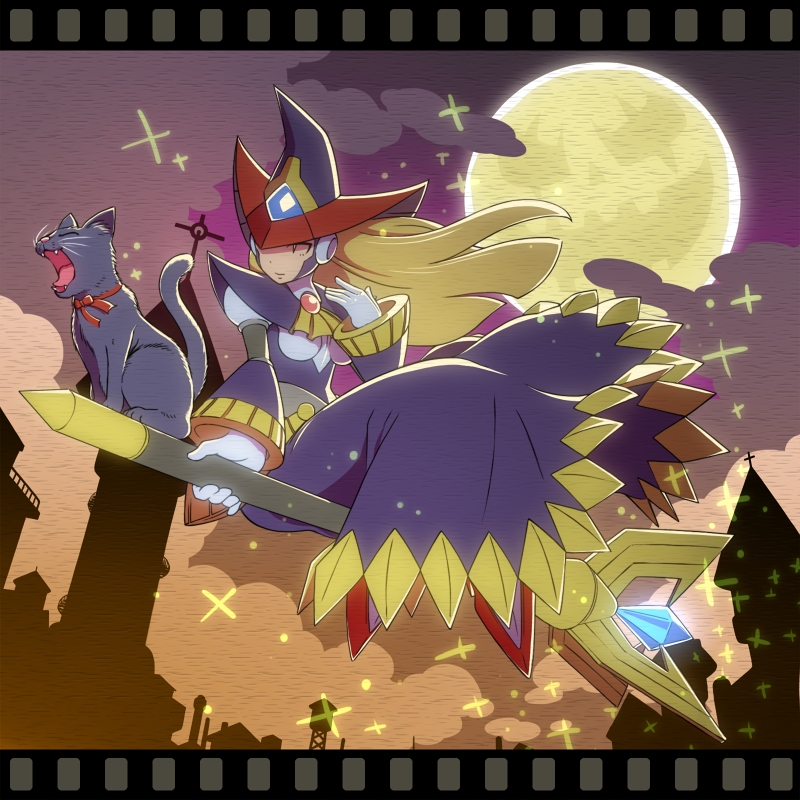 1girl android animal berkana blonde_hair breasts capcom cat clouds dress film_border film_strip full_moon gloves halloween hat light_smile long_hair medium_breasts moon napo night robot_ears rockman rockman_x rockman_x2:_soul_eraser scepter sitting smile solo staff staff_riding white_gloves witch witch_hat yellow_moon