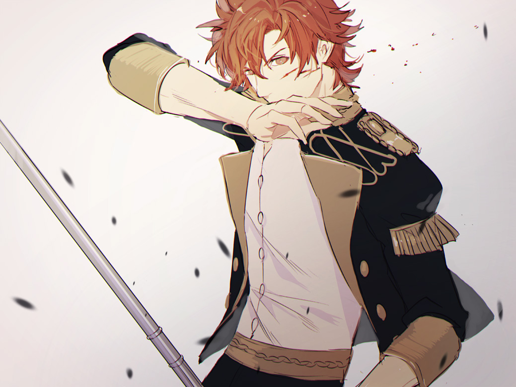 1boy blood epaulettes fire_emblem fire_emblem:_three_houses garreg_mach_monastery_uniform grey_background injury orange_eyes orange_hair polearm solo spear sylvain_jose_gautier tokikayu upper_body weapon