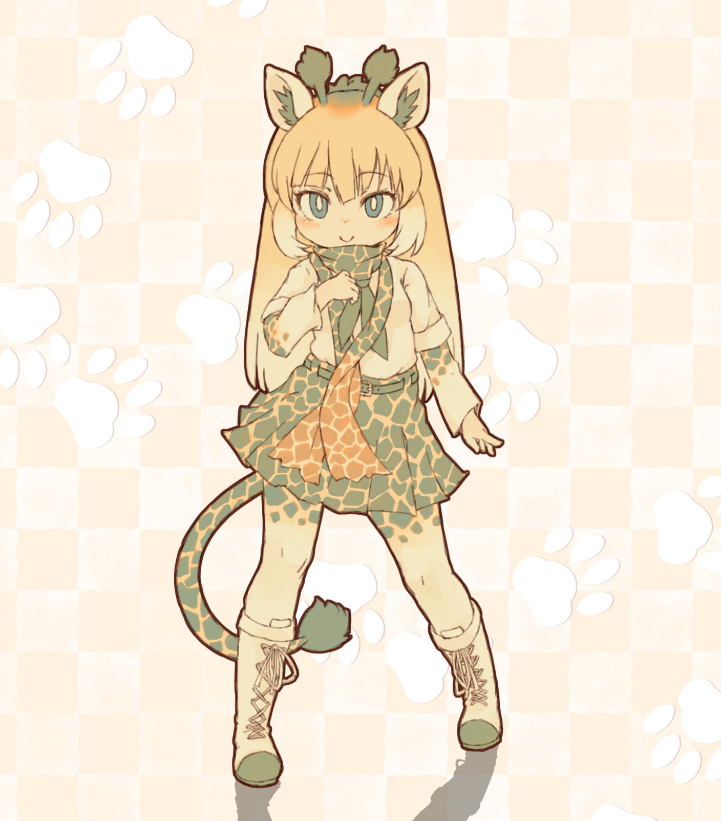 1girl :&gt; animal_ears animal_print belt black_skirt blonde_hair blue_eyes blush boots closed_mouth cross-laced_footwear eyebrows_visible_through_hair full_body giraffe_ears giraffe_horns giraffe_tail hand_on_own_chest highres kemono_friends kolshica lace-up_boots leopard_print long_hair looking_at_viewer paw_print reticulated_giraffe_(kemono_friends) skirt smile solo very_long_hair white_footwear white_hair white_legwear