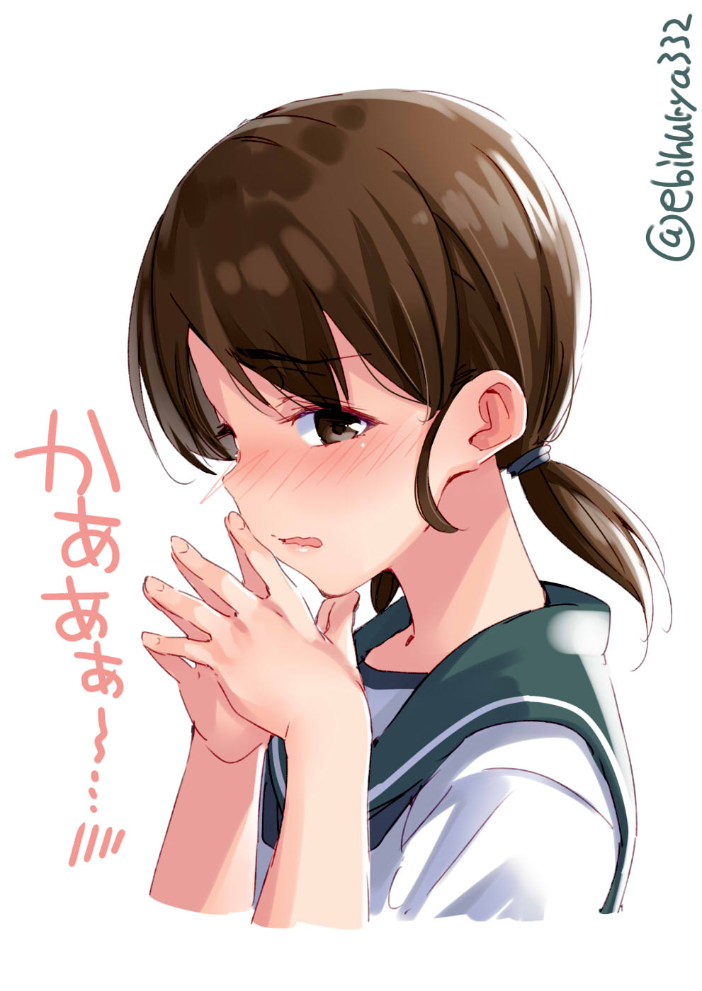 1girl blush brown_eyes brown_hair ebifurya eyebrows_visible_through_hair green_serafuku highres kantai_collection long_hair looking_at_viewer low_twintails neckerchief open_mouth sailor_collar school_uniform serafuku shirayuki_(kantai_collection) short_twintails simple_background solo translated twintails twitter_username white_background