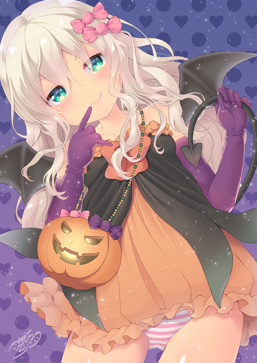 1girl :q ass_visible_through_thighs bare_shoulders black_wings blue_background blush bow closed_mouth collarbone commentary_request demon_girl demon_tail demon_wings dress dutch_angle elbow_gloves gloves gradient gradient_background grecale_(kantai_collection) green_eyes grey_hair halloween hands_up heart highres jack-o'-lantern kantai_collection long_hair looking_at_viewer orange_bow orange_dress panties purple_background purple_gloves signature smile solo strapless strapless_dress striped striped_panties tail tail_grab tongue tongue_out tsukimochikuriko_(tsukimochi_k) underwear wings