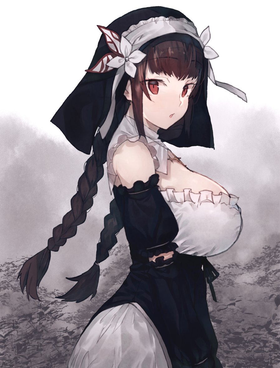 1girl bangs black_dress bow braid breasts brown_hair character_request collarbone commentary_request copyright_request detached_sleeves dress eyebrows_visible_through_hair frills habit hair_ornament hair_tie kasuka_(kusuki) large_breasts long_hair looking_at_viewer nun open_mouth red_eyes sidelocks simple_background solo standing twin_braids upper_body