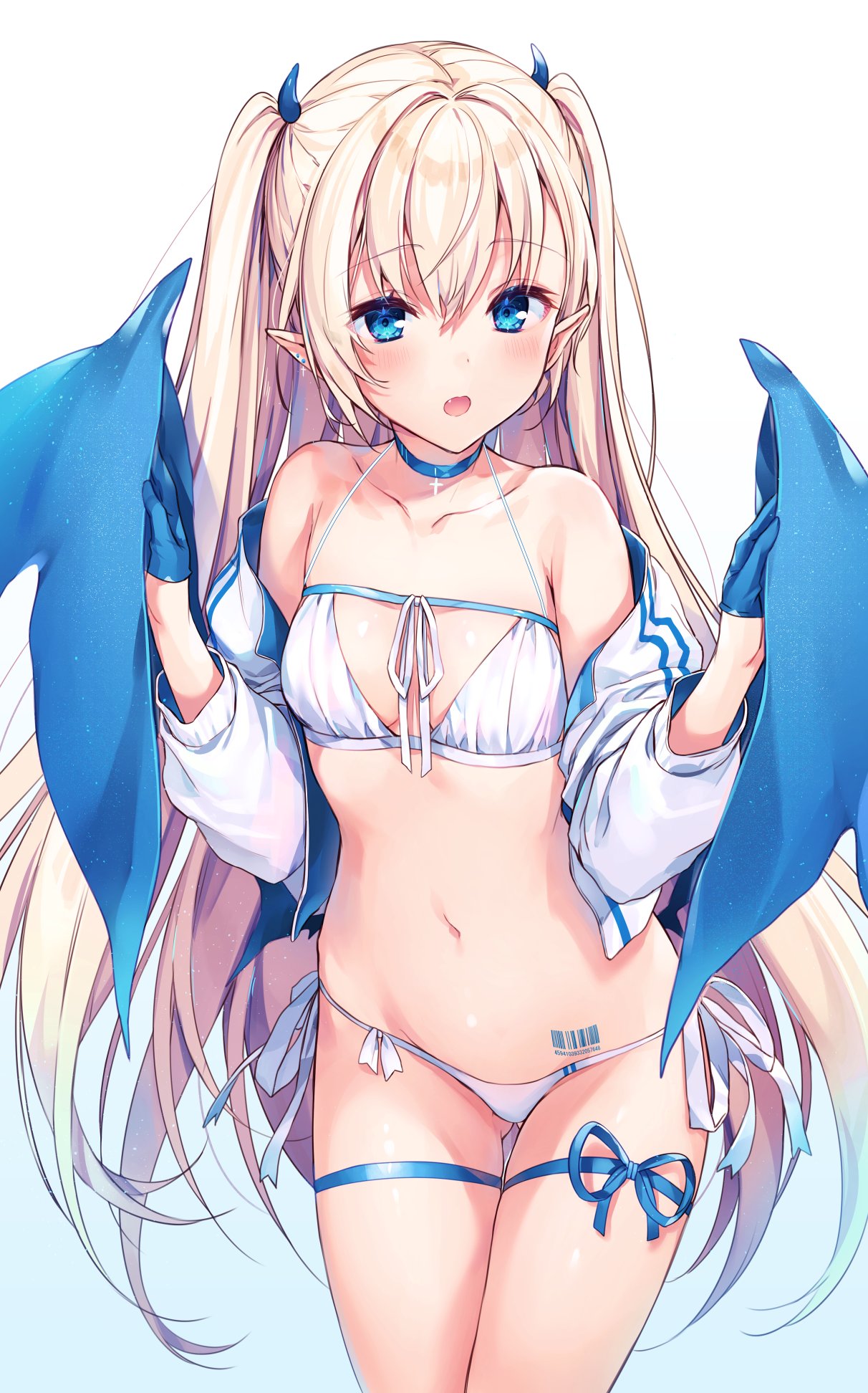 1girl :o ass_visible_through_thighs bangs barcode_tattoo bare_shoulders bikini blonde_hair blue_choker blue_eyes blue_ribbon blue_wings blush breasts choker commentary copyright_request cowboy_shot cross_choker demon_girl demon_horns demon_wings eyebrows_visible_through_hair fang highres horns jacket komeshiro_kasu long_hair long_sleeves looking_at_viewer navel off_shoulder open_clothes open_jacket open_mouth pointy_ears ribbon side-tie_bikini small_breasts solo stomach swimsuit symbol_commentary tattoo thigh_gap thigh_strap track_jacket twintails very_long_hair white_background white_bikini white_jacket white_ribbon wings