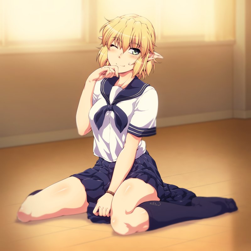 1girl ;) alternate_costume bangs black_legwear blonde_hair blue_neckwear blue_sailor_collar blue_skirt blush breasts commentary_request contemporary eyebrows_visible_through_hair green_eyes hair_between_eyes hand_up head_tilt indoors kneehighs looking_at_viewer medium_breasts miniskirt mizuhashi_parsee neckerchief no_shoes one_eye_closed ootsuki_wataru pleated_skirt pointy_ears sailor_collar school_uniform serafuku shirt short_hair short_sleeves sidelocks sitting skirt smile solo sweat thighs touhou wariza white_shirt window wristband