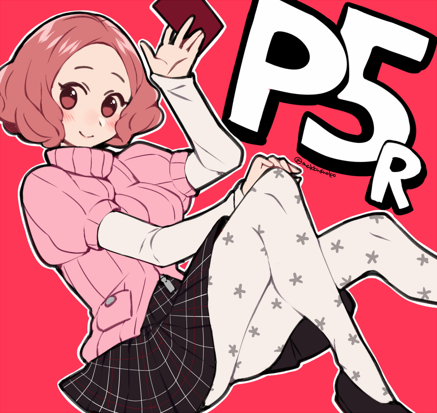 1girl acronym blush brown_eyes brown_hair commentary_request do_m_kaeru floral_print holding long_sleeves okumura_haru pantyhose persona persona_5 persona_5_the_royal pink_sweater plaid plaid_skirt print_legwear ribbed_sweater short_over_long_sleeves short_sleeve_sweater short_sleeves shuujin_academy_uniform skirt solo sweater twitter_username white_legwear