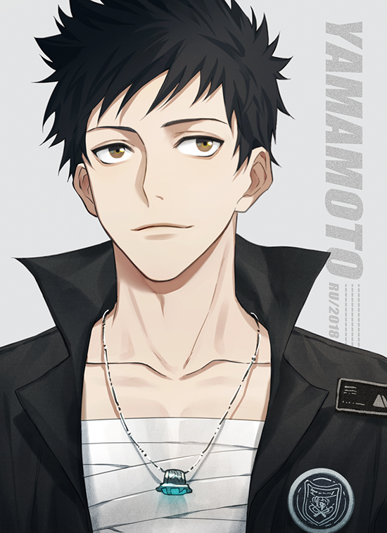 1boy 954740837 bandages black_hair brown_eyes character_name closed_mouth collar collarbone grey_background jewelry katekyo_hitman_reborn looking_up male_focus necklace open_clothes ring short_hair simple_background solo spiky_hair upper_body yamamoto_takeshi