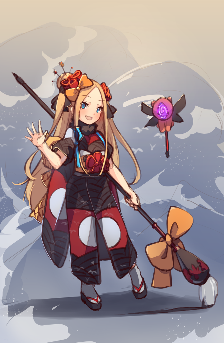 1girl abigail_williams_(fate/grand_order) bangs black_footwear black_kimono black_ribbon blonde_hair blue_eyes blush bow calligraphy_brush cosplay eyebrows_visible_through_hair fate/grand_order fate_(series) forehead full_body glowing grey_legwear hair_bow hair_bun hair_ornament hair_ribbon hand_up holding holding_paintbrush japanese_clothes katsushika_hokusai_(fate/grand_order) katsushika_hokusai_(fate/grand_order)_(cosplay) kimono long_hair looking_at_viewer miya_(pixiv15283026) obi one_side_up open_mouth orange_bow oversized_object paintbrush parted_bangs ribbon sash short_sleeves smile socks solo very_long_hair zouri