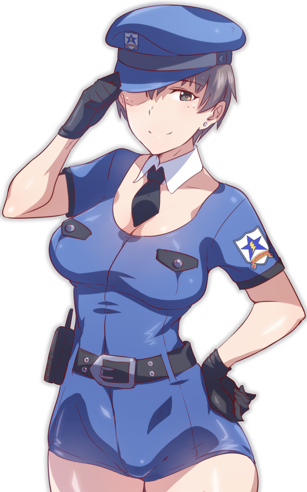 1girl alternate_costume black_hair brown_eyes detached_collar earrings em emblem girls_und_panzer grey_hair hand_on_hip jewelry naomi_(girls_und_panzer) necktie police police_uniform policewoman saunders_(emblem) smile solo thighs uniform white_background